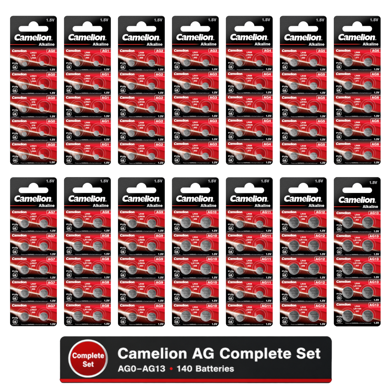 Camelion AG0 - AG13 kit complet 140 piles